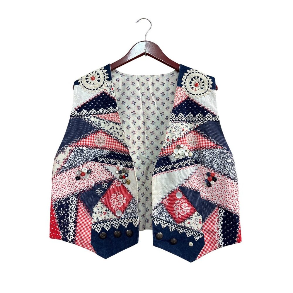 Patchwork Quilted Vest With Buttons & Lace - image 1